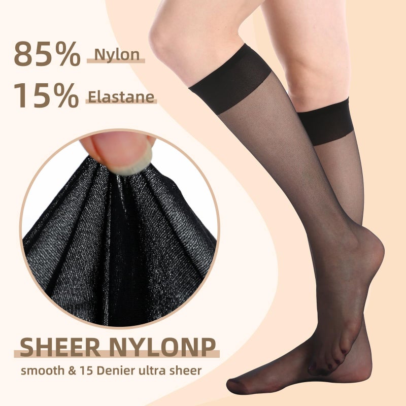 MANZI 12 Pairs Lady's Sheer Knee High Stockings, 6 Pairs Black, 6 Pairs Natural - Image 3